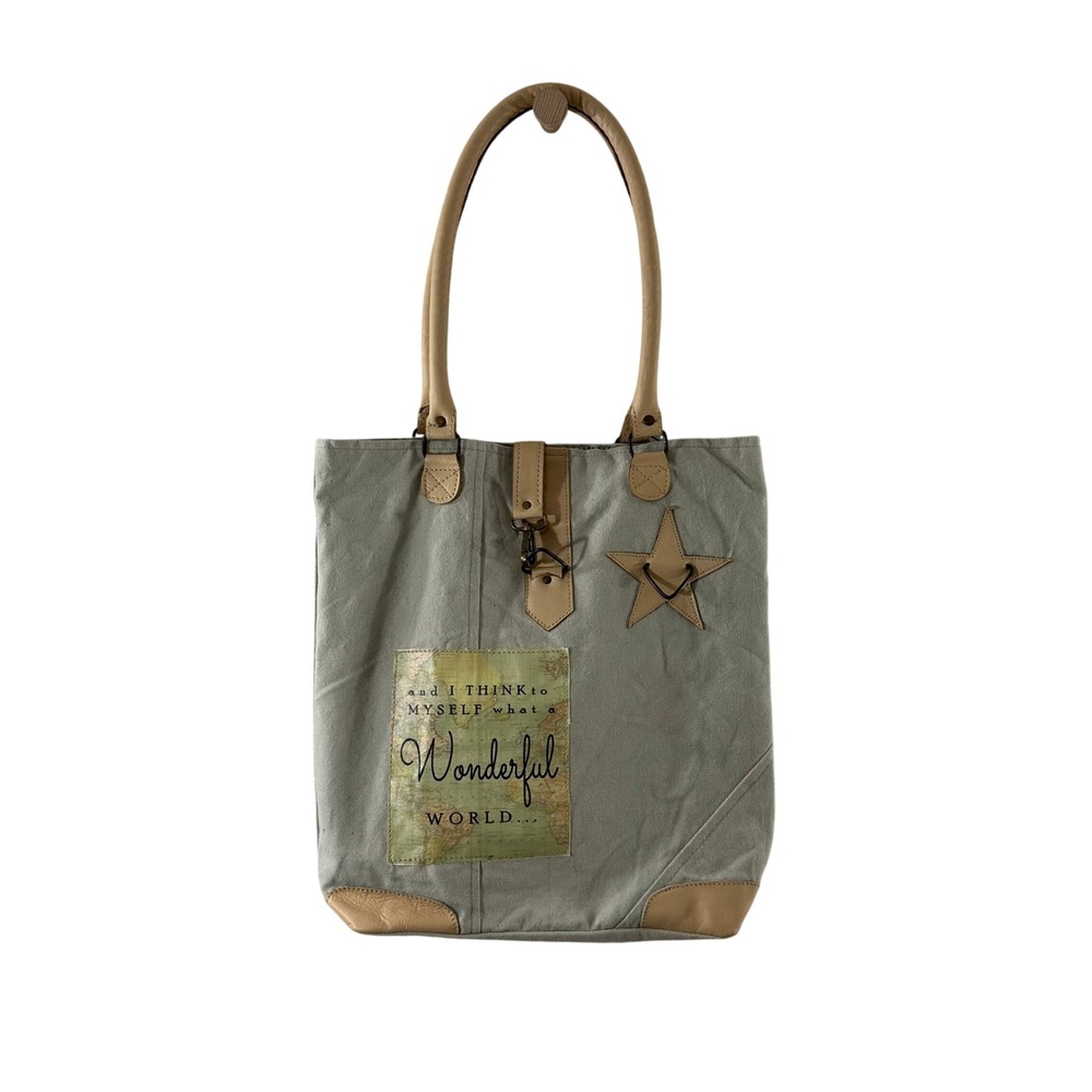 Vintage Addiction Wonderful World Canvas Leather Tote Bag Gray Handcrafted India